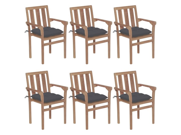 vidaXL Sztaplowane krzesła ogrodowe z poduszkami, 6 szt., tekowe Tworzywo sztuczne Kolor Brązowy Drewno Krzesło z podłokietnikami Kolor Szary