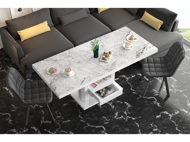 Nowoczesny ławostół z półką i szufladą Quadro Max marmur/biały Wysokość 75 cm Stolik Szkło Płyta MDF Zestaw stolików Kategoria Stoliki i ławy Ława Funkcje Z regulacją wysokości