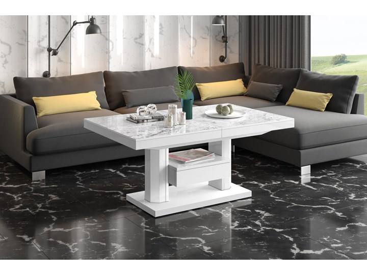 Nowoczesny ławostół z półką i szufladą Quadro Max marmur/biały Płyta MDF Zestaw stolików Stolik Ława Szkło Wysokość 75 cm Rodzaj nóg Kółka