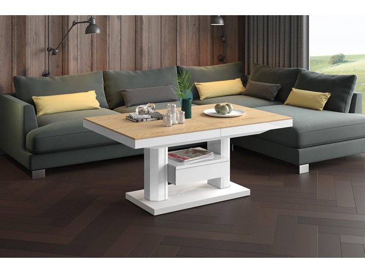 Nowoczesny ławostół z półką i szufladą Quadro Max dąb/biały Ława Stolik Wysokość 75 cm Drewno Zestaw stolików Szkło Płyta MDF Funkcje Z półkami