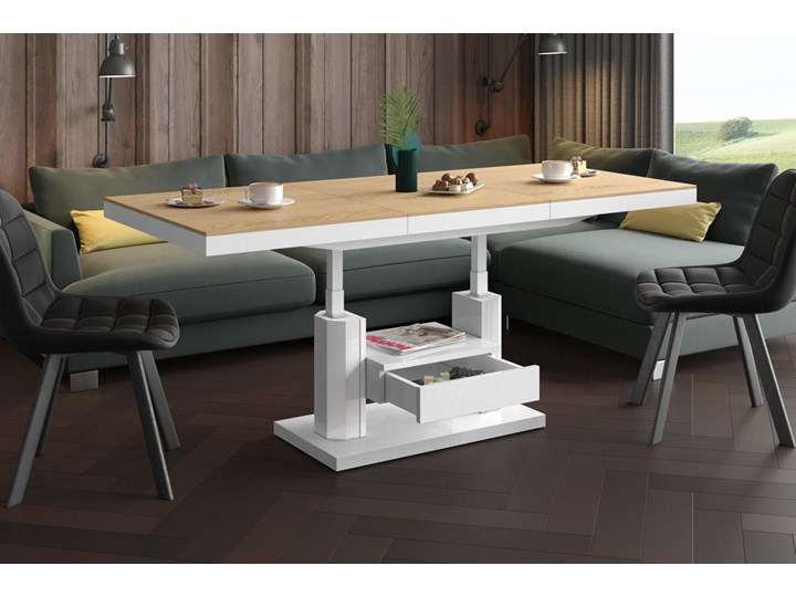 Nowoczesny ławostół z półką i szufladą Quadro Max dąb/biały Płyta MDF Stolik Drewno Ława Wysokość 75 cm Zestaw stolików Szkło Funkcje Z szufladami