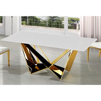 Stół Glamour nowoczesny , złote nogi  , marmurowy biały spiek / 200 x 100 Klosen