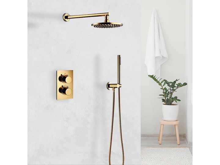 Złoty okrągły podtynkowy zestaw prysznicowy z termostatem