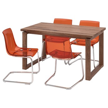 IKEA MÖRBYLÅNGA / TOBIAS Stół i 4 krzesła, okl dęb brązowa bejca/brązowoczerwony chrom, 140x85 cm