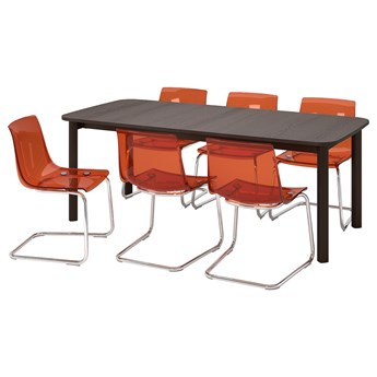 IKEA STRANDTORP / TOBIAS Stół i 6 krzeseł, brązowy/brązowy/czerwony chrom, 150/205/260 cm