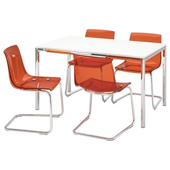 IKEA TORSBY / TOBIAS Stół i 4 krzesła, połysk/biel chrom/chrom brązowy/czerwony, Długość stołu: 135 cm