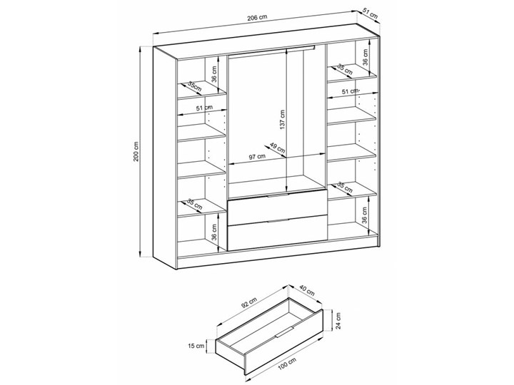 AMDK Szafa Nelly 4D z lustrem Dąb artisan Szerokość 206 cm Głębokość 51 cm Drewno Płyta MDF Płyta laminowana Wysokość 200 cm Tworzywo sztuczne Pomieszczenie Garderoba