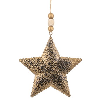 GWIAZDKA zawieszka metalowa złota przecierana gwiazda na jutowym sznurku z koralikami, wys. 12 cm