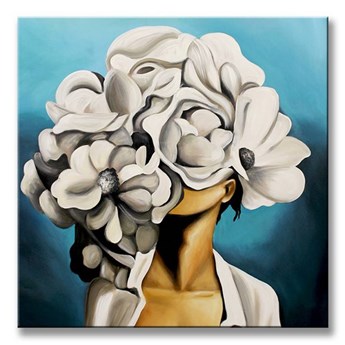 KOBIETA Z BIAŁYM KWIATEM NA GŁOWIE obraz ręcznie malowany twarz kobiety na niebieskim tle, 60x60 cm