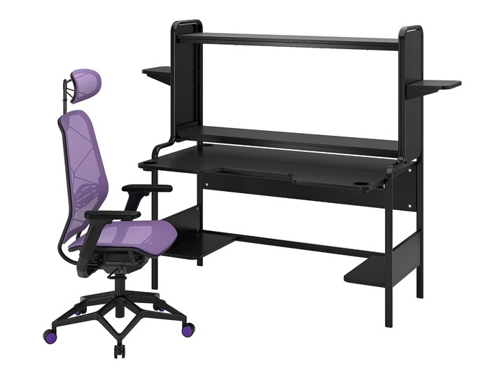 IKEA FREDDE / STYRSPEL Biurko gamingowe i krzesło, Czarny/fiolet