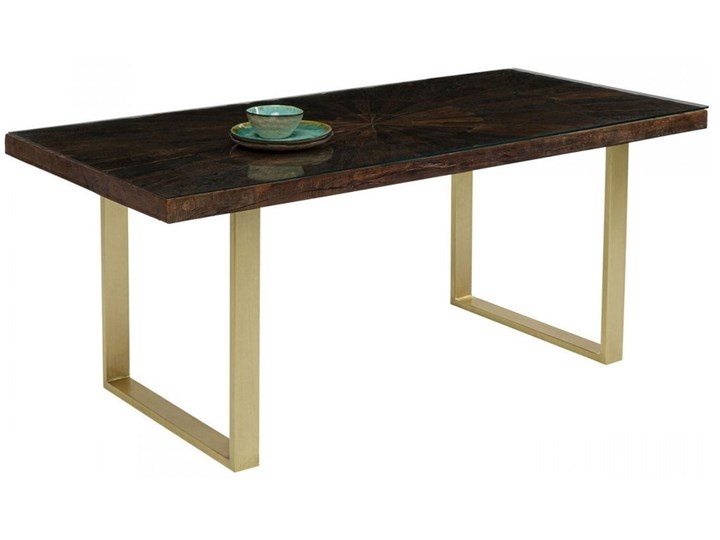 Stół brązowy drewniany recyklingowany blat mango złote metalowe nogi 180x90 cm Drewno Pomieszczenie Stoły do jadalni Szkło Stal Pomieszczenie Stoły do kuchni