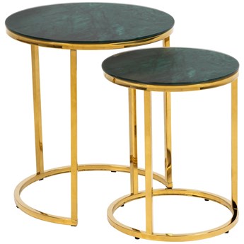 Zestaw dwóch stolików ciemnozielonych blat szklany stylizowany na marmurowy - nogi złote