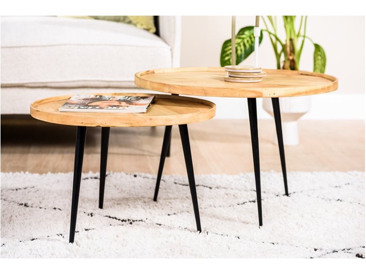 Zestaw dwóch stolików kawowych blaty z drewna akacjowego Drewno Zestaw stolików Wysokość 43 cm Średnica 60 cm