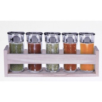 Pojemniki kuchenne szklane na przyprawy, zestaw na drewnianym stojaku.
