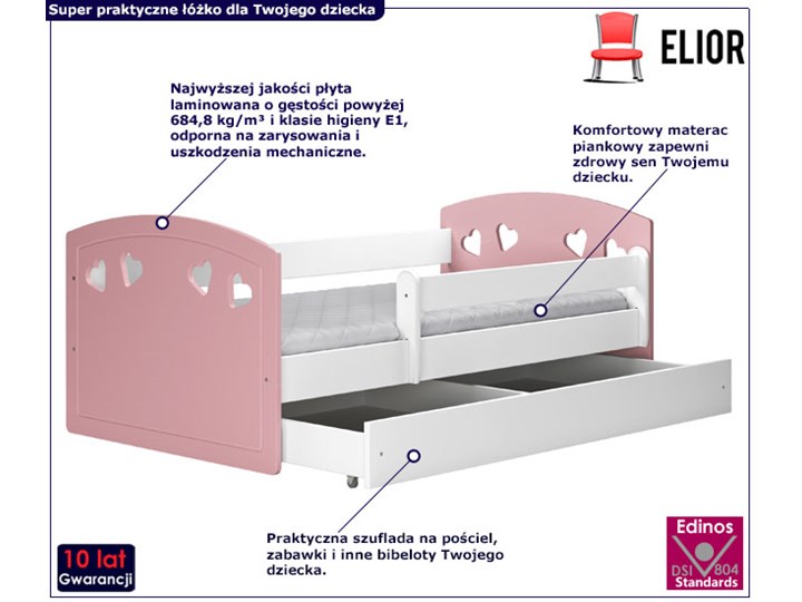 Łóżko dla dziewczynki z materacem Nolia 3X 80x140 - pudrowy róż Pojedyncze Z barierką Z szufladą Płyta meblowa Styl Nowoczesny