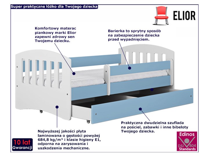 Łóżko dla chłopca z materacem Pinokio 2X 80x140 - niebieskie Pojedyncze Z barierką Styl Skandynawski Płyta meblowa Z szufladą Neutralne Rozmiar materaca 80x140 cm