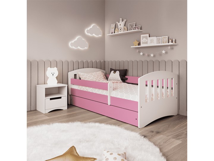 Łóżko dla dziewczynki z materacem Pinokio 2X 80x140 - różowe Z szufladą Pojedyncze Płyta meblowa Z barierką Styl Nowoczesny