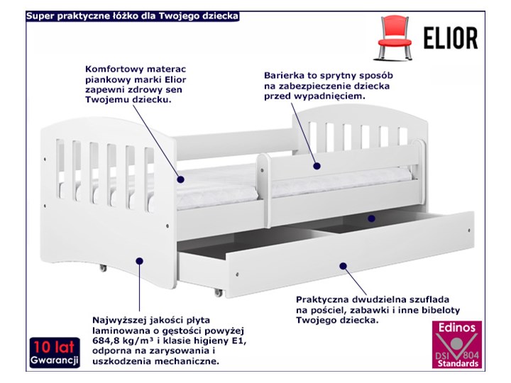 Łóżko jednoosobowe z materacem Pinokio 2X 80x160 - białe Neutralne Z szufladą Pojedyncze Z barierką Płyta meblowa Kolor Biały Rozmiar materaca 80x160 cm