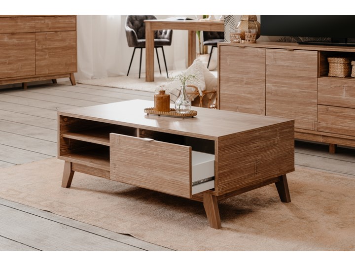 Stolik kawowy z szufladami Boobang wzór bambusa Płyta MDF Funkcje Rozkładane Szkło Tworzywo sztuczne Zestaw stolików Drewno Wysokość 40 cm Metal Kształt blatu Prostokątne