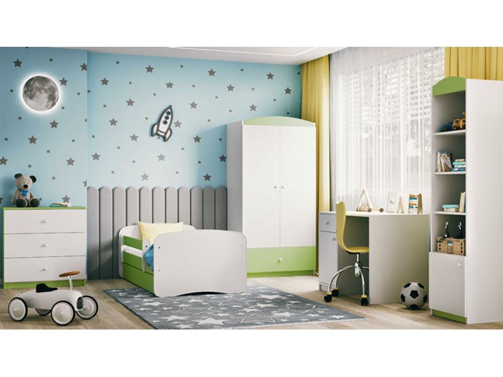 Łóżko dziecięce ze stelażem Happy 2X mix 80x160 - zielone Neutralne Z barierką Pojedyncze Z szufladą Płyta meblowa Styl Nowoczesny