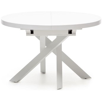 Stół rozkładany okrągły biały szklany blat nogi metalowe ∅120-160x76 cm