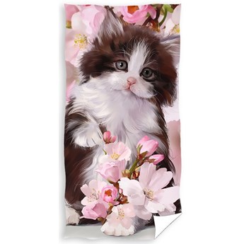 Ręcznik bawełniany z nadrukiem kota z kwiatami 70x140 RDS-36
