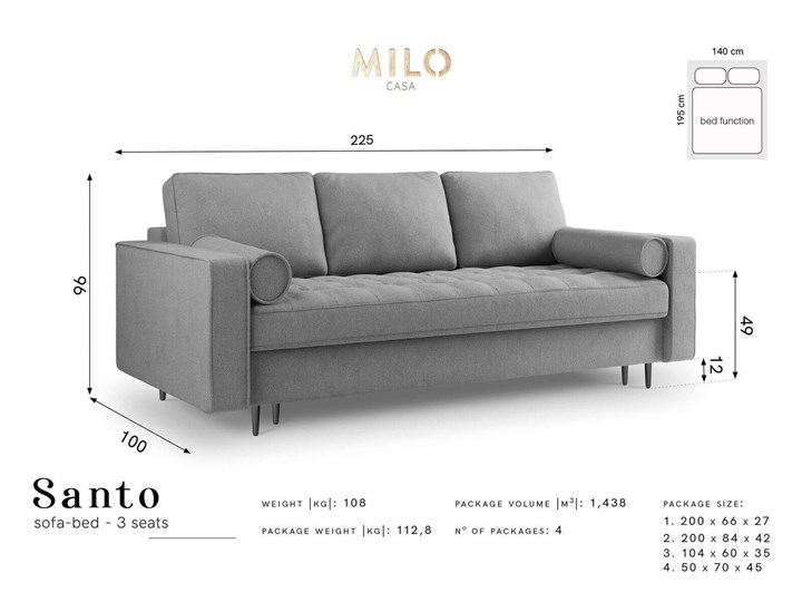 Rozkładana sofa 3 osobowa Santo strukturalna jasny szary nóżki czarne Głębokość 100 cm Typ Gładkie Szerokość 225 cm Typ Pikowane