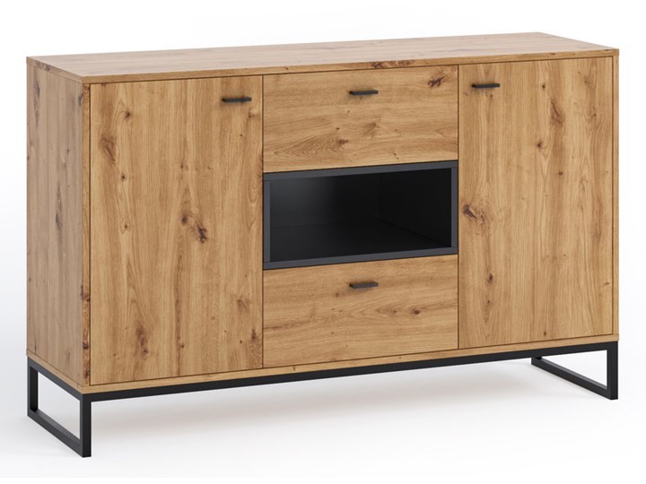 SELSEY Komoda dwudrzwiowa Bonila 135 cm z dwiema szufladami dąb artisan / czarna Głębokość 40 cm Z szafkami Wysokość 84 cm Płyta MDF Kolor Czarny