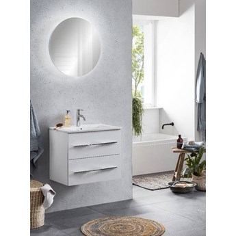 Zestaw białych mebli łazienkowych z umywalką ceramiczną i lustrem LED