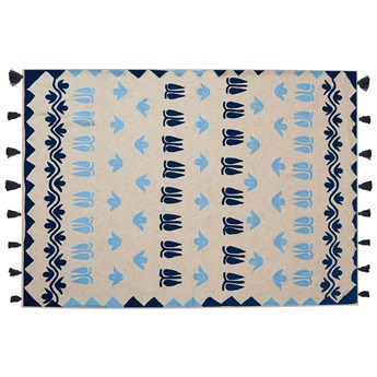 Beliani Koc beżowo-niebieski bawełniany 130 x 180 cm z wyszywanym wzorem i frędzlami w stylu boho