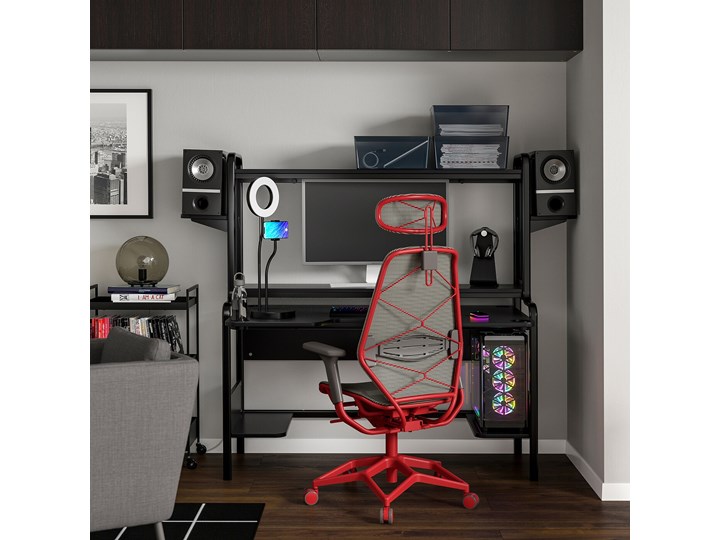 IKEA FREDDE / STYRSPEL Biurko gamingowe i krzesło, Czarny szary/czerwony Kategoria Zestawy mebli do sypialni