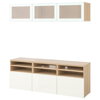 IKEA BESTÅ Kombinacja na TV/szklane drzwi, Dąb bejcowany na biało/Selsviken wysoki połysk biały szkło matowe, 180x42x192 cm