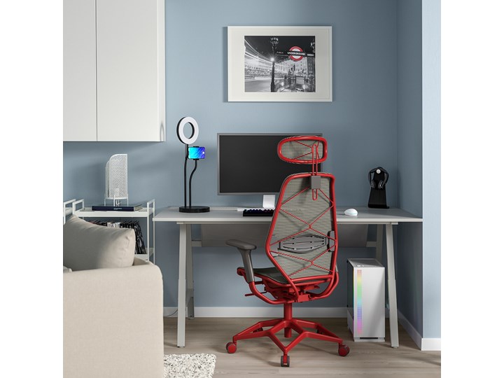 IKEA UTESPELARE / STYRSPEL Biurko gamingowe i krzesło, Jasnoszary szary/czerwony Kategoria Zestawy mebli do sypialni