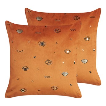 Beliani Zestaw 2 poduszek dekoracyjnych pomarańczowy welurowy 45 x 45 cm motyw oka dodatek akcesorium w stylu glamour