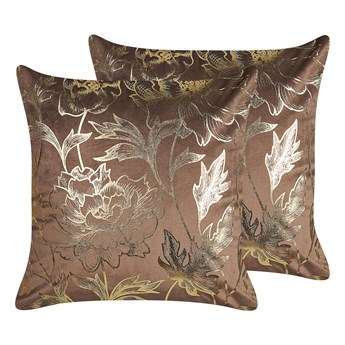 Beliani Zestaw 2 poduszek dekoracyjnych brązowy welurowy 45 x 45 cm nadruk złoty w kwiaty dodatek akcesorium w stylu glamour