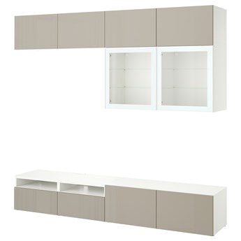 IKEA BESTÅ Kombinacja na TV/szklane drzwi, Biały/Selsviken wysoki połysk/ beż szkło bezbarwne, 240x42x231 cm
