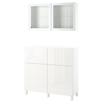 IKEA BESTÅ Kombinacja regałowa z drzw/szuf, Biały/Selsviken/Stubbarp wysoki połysk biały szkło bezbarwne, 120x42x213 cm