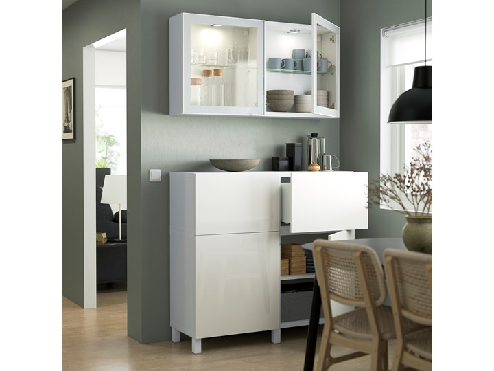 IKEA BESTÅ Kombinacja regałowa z drzw/szuf, Biały/Selsviken/Stubbarp wysoki połysk biały szkło bezbarwne, 120x42x213 cm Kategoria Zestawy mebli do sypialni