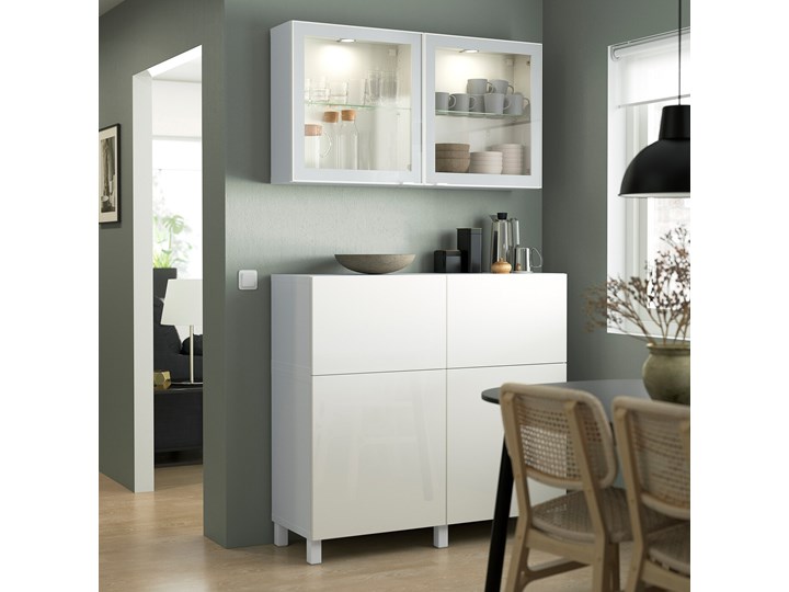 IKEA BESTÅ Kombinacja regałowa z drzw/szuf, Biały/Selsviken/Stubbarp wysoki połysk biały szkło bezbarwne, 120x42x213 cm Kategoria Zestawy mebli do sypialni
