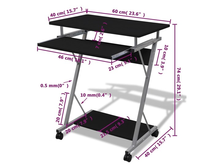vidaXL Biurko komputerowe z ruchomą podstawką na klawiaturę, czarne Szerokość 60 cm Stal Płyta MDF Głębokość 40 cm Kolor Czarny