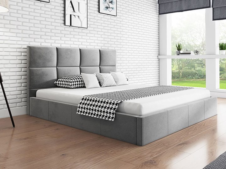 Łóżko tapicerowane 160x200 Slim1 szare z pojemnikiem i drewnianym stelażem