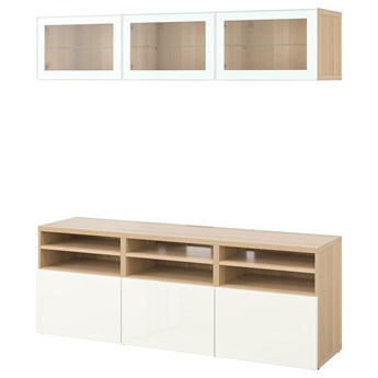 IKEA BESTÅ Kombinacja na TV/szklane drzwi, Dąb bejcowany na biało/Selsviken wysoki połysk biały szkło bezbarwne, 180x42x192 cm