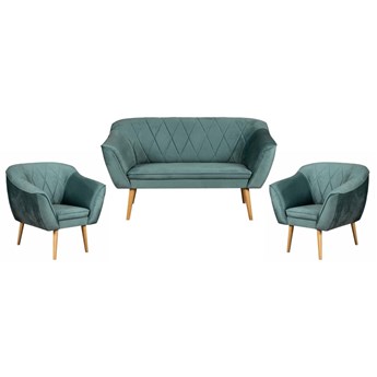 Skandynawski Zestaw Wypoczynkowy Pikowana Sofa 2os + 2 Fotele ROSA Lazurowy Błękit