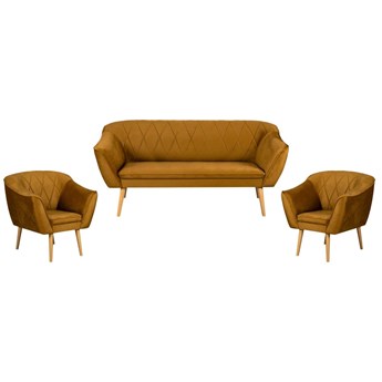 Skandynawski Zestaw Wypoczynkowy Pikowana Sofa 3os + 2 Fotele ROSA Złoty