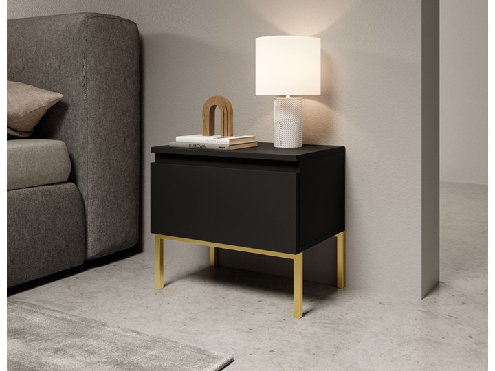 SELSEY Szafka nocna Bemmi czarna ze złotymi nogami Głębokość 32 cm Metal Kolor Czarny Uniwersalne Szerokość 49 cm Płyta laminowana Płyta meblowa Nocne Płyta MDF Styl Glamour