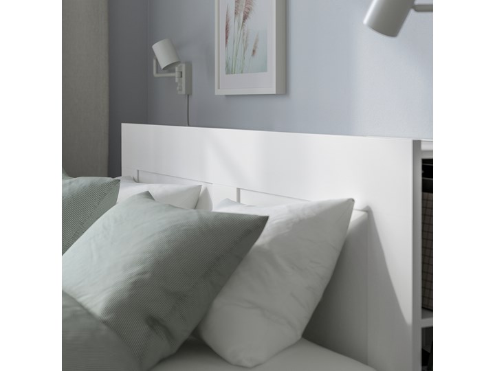 IKEA BRIMNES Rama łóżka z pojemnikiem, zagłówek, biały, 140x200 cm Łóżko drewniane Drewno Liczba miejsc Dwuosobowe Zagłówek Z zagłówkiem
