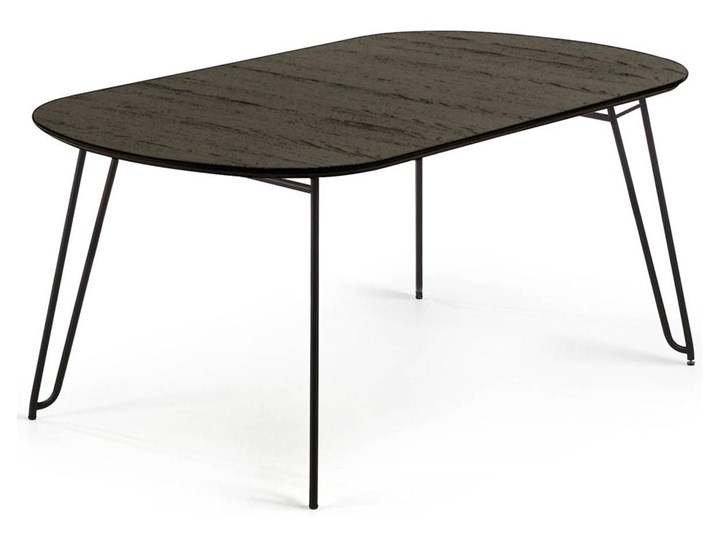 Stół rozkładany brązowy fornirowany blat czarne metalowe nogi 140-220x90 cm Długość po rozłożeniu 220 cm Płyta fornirowana Płyta MDF Wysokość 75 cm Stal Drewno Kształt blatu Owalny