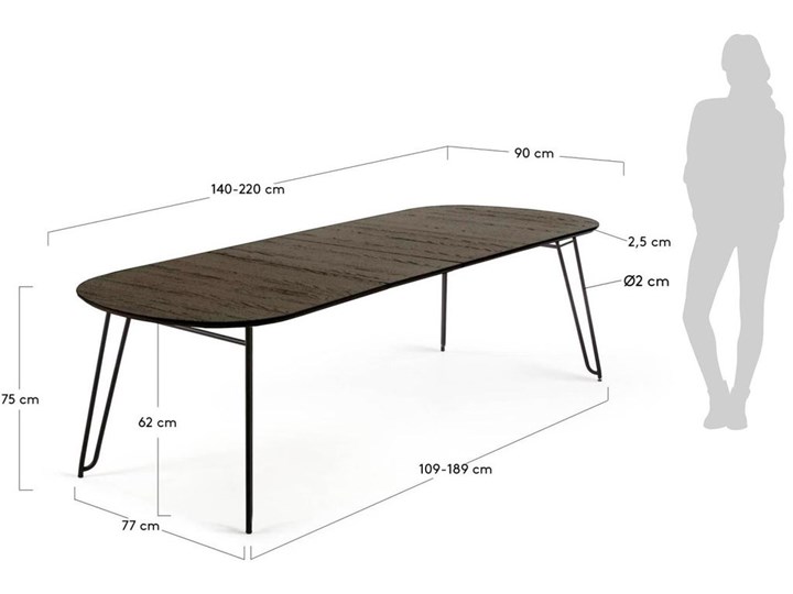 Stół rozkładany brązowy fornirowany blat czarne metalowe nogi 140-220x90 cm Wysokość 75 cm Płyta fornirowana Drewno Płyta MDF Stal Pomieszczenie Stoły do jadalni
