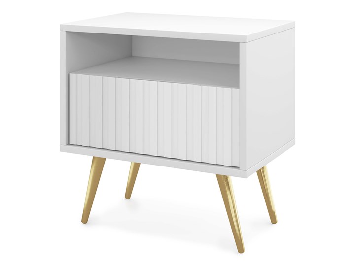 SELSEY Szafka nocna Bello z szufladą z lamelowym frontem biała ze złotymi nogami Płyta meblowa Wysokość 48 cm Płyta laminowana Płyta MDF Kategoria Szafki nocne Szerokość 47 cm Głębokość 32 cm Kolor Biały