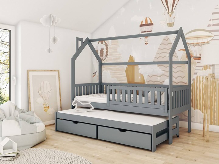 Łóżko domek NATAN Lano Meble Z barierką Drewno Pojedyncze Z szufladą Kategoria Łóżka dla dzieci Neutralne Kolor Szary